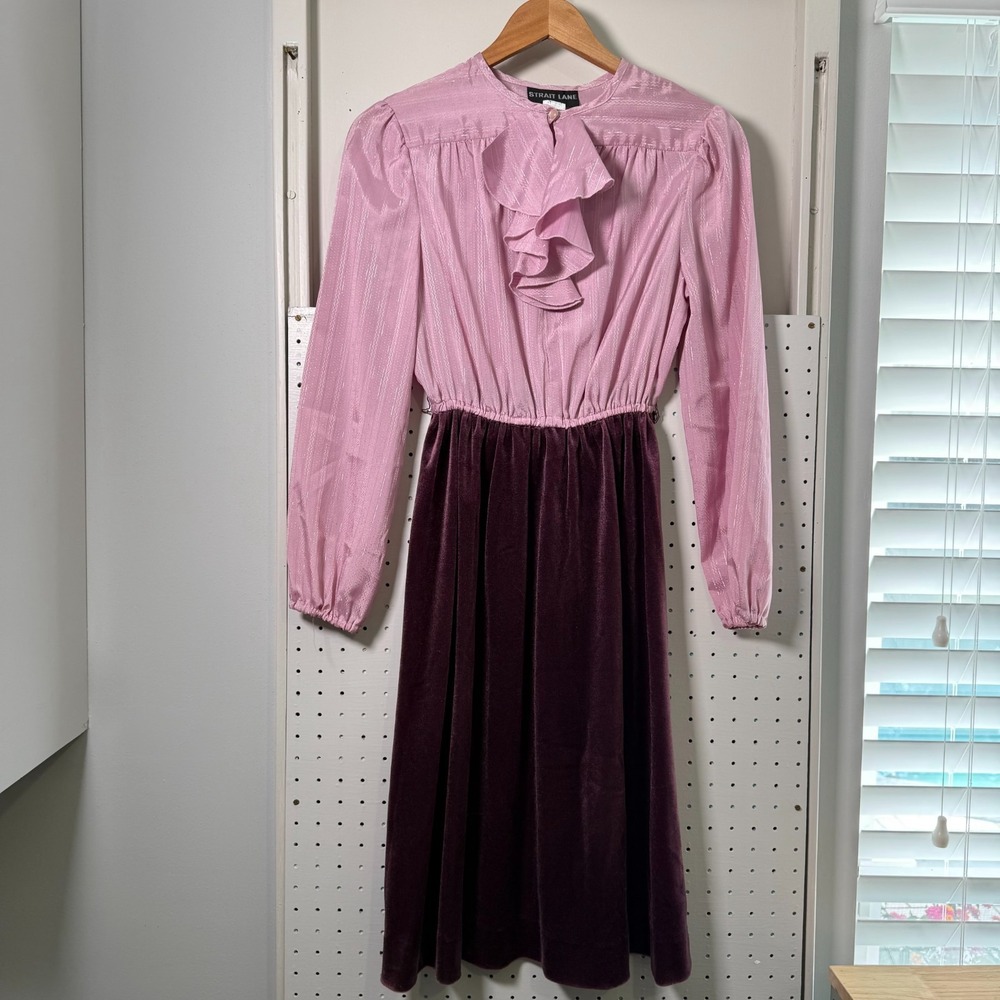 Vintage Strait Lane Velvet Skirt Dress Women's Pink Button Pleated Size 8 Academ